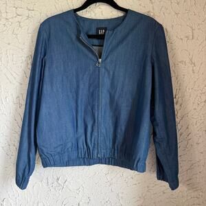 Gap Lightweight Denim Jacket Women’s Large Blue Zip Front Casual Elastic Hem